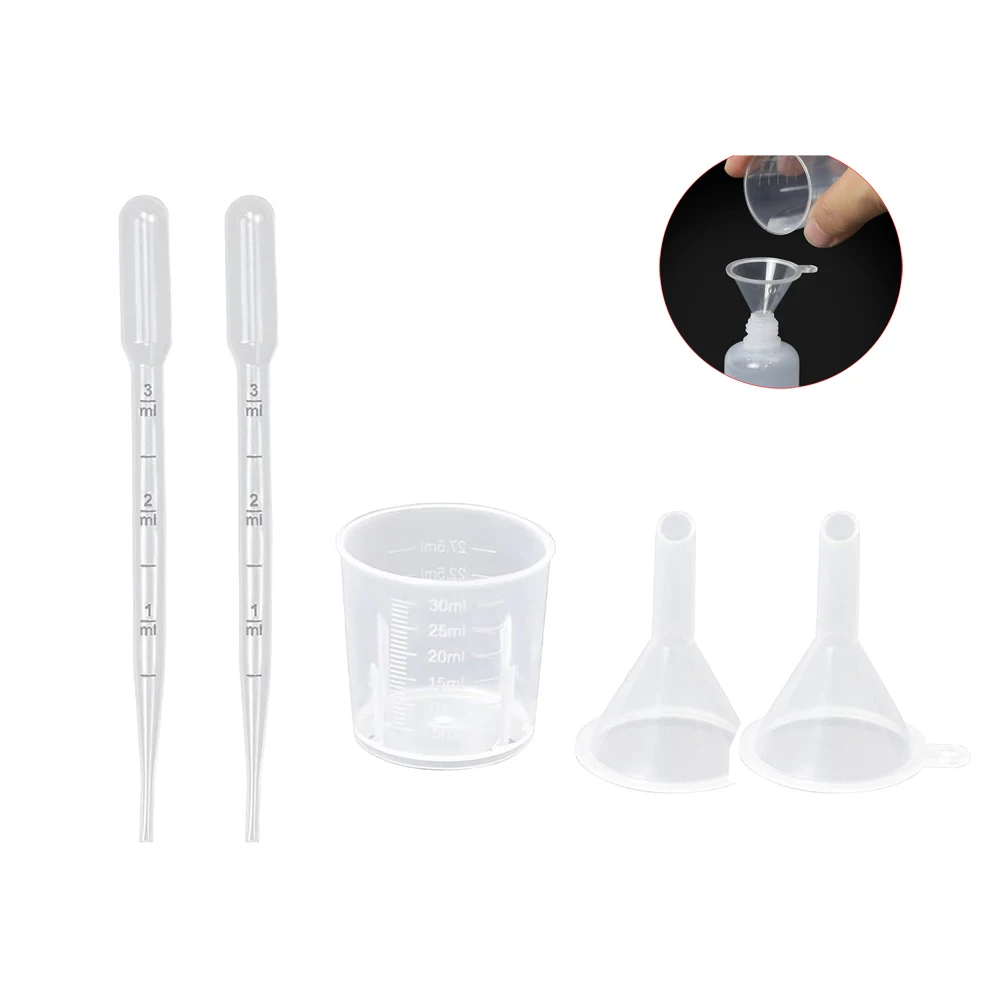 5Pcs Small Funnel with 3ml Plastic Transfer Pipette and Plastic Measuring Cup Filling 10ml 5ml Empty Roller Bottle Perfume Vial