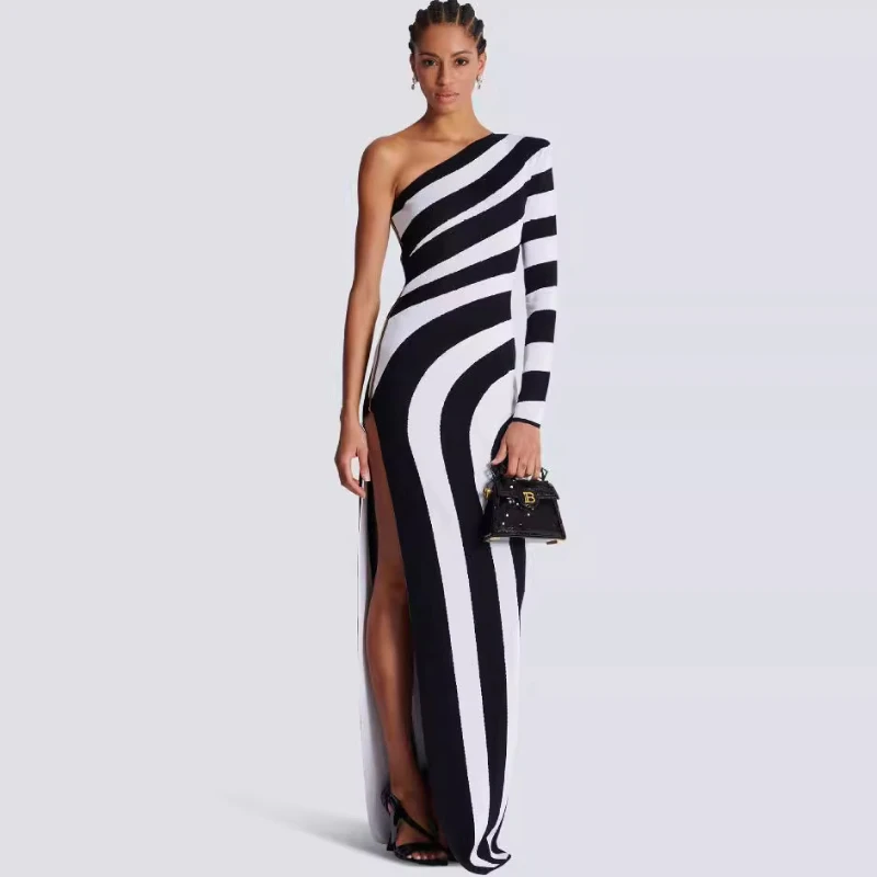 

Black and white zebra pattern single shoulder long sleeve open leg bandage dress European and American banquet party dress skirt