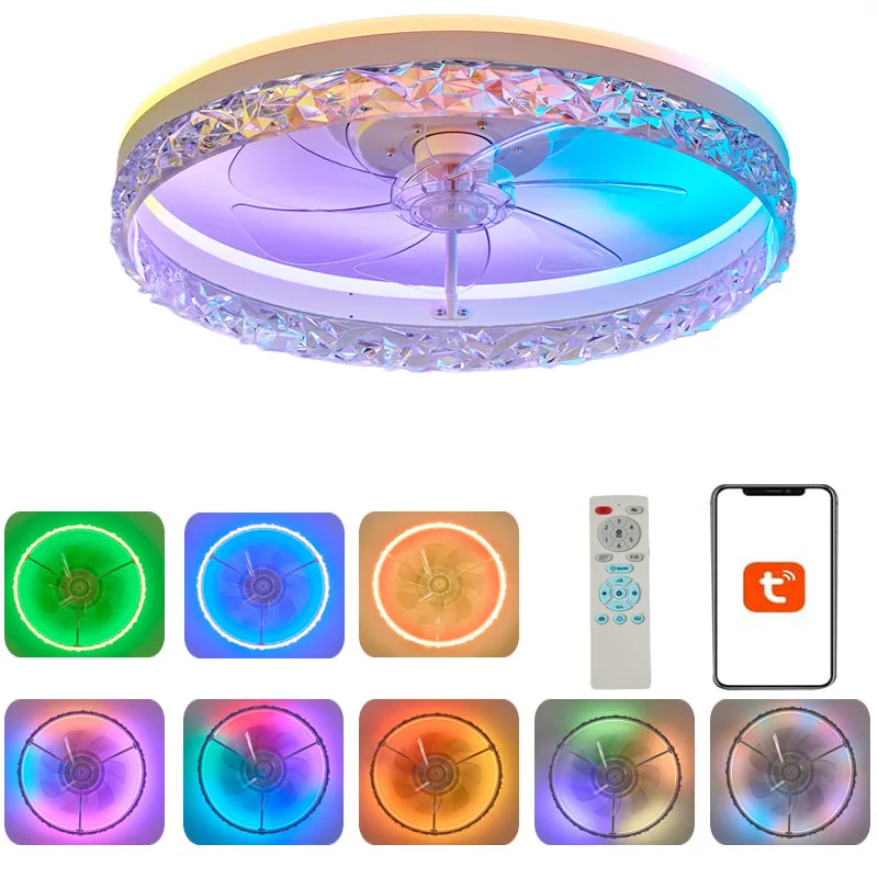 Luz de ventilador de techo inteligente RGB, ventilador de 6 velocidades + efecto cielo estrellado, luz de ventilador de techo moderna y discreta con luces LED