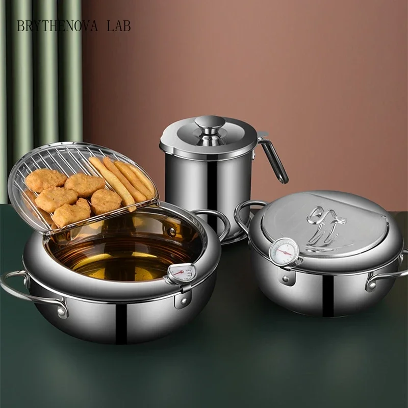 304 Stainless Steel Kitchen Tempura Fryer Pan 20 24 cm pots Japanese Pans Deep Frying Pot with a Thermometer and a Lid