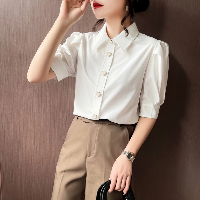 Women Clothing Turn-down Collar Puff Sleeve Blouse Summer Chic Button Office Lady Chiffon Shirts Vintage Elegant Solid Tops