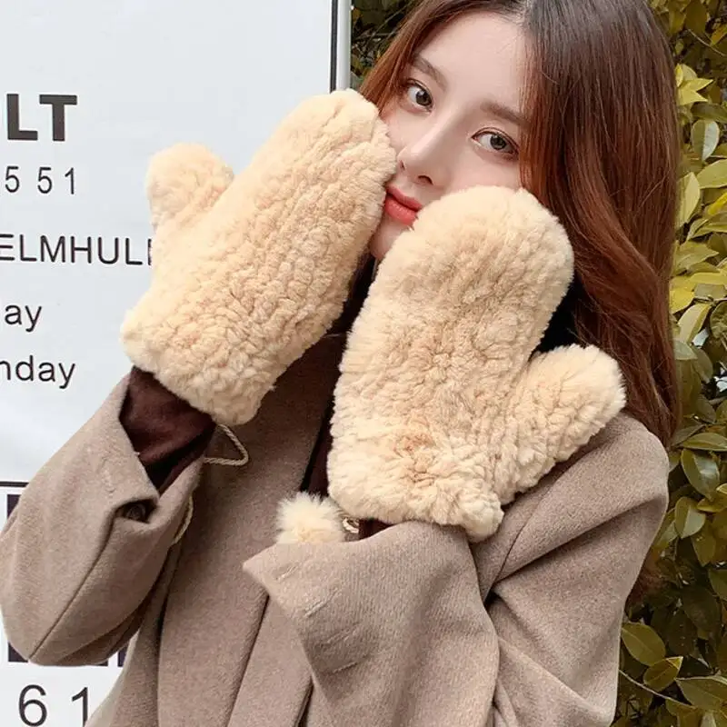 Real Rex Rabbit Fur Gloves Winter Plush Thickened Warm Windproof Fur Gloves Thick Fur Mittens For Girls Elastic Soft With String