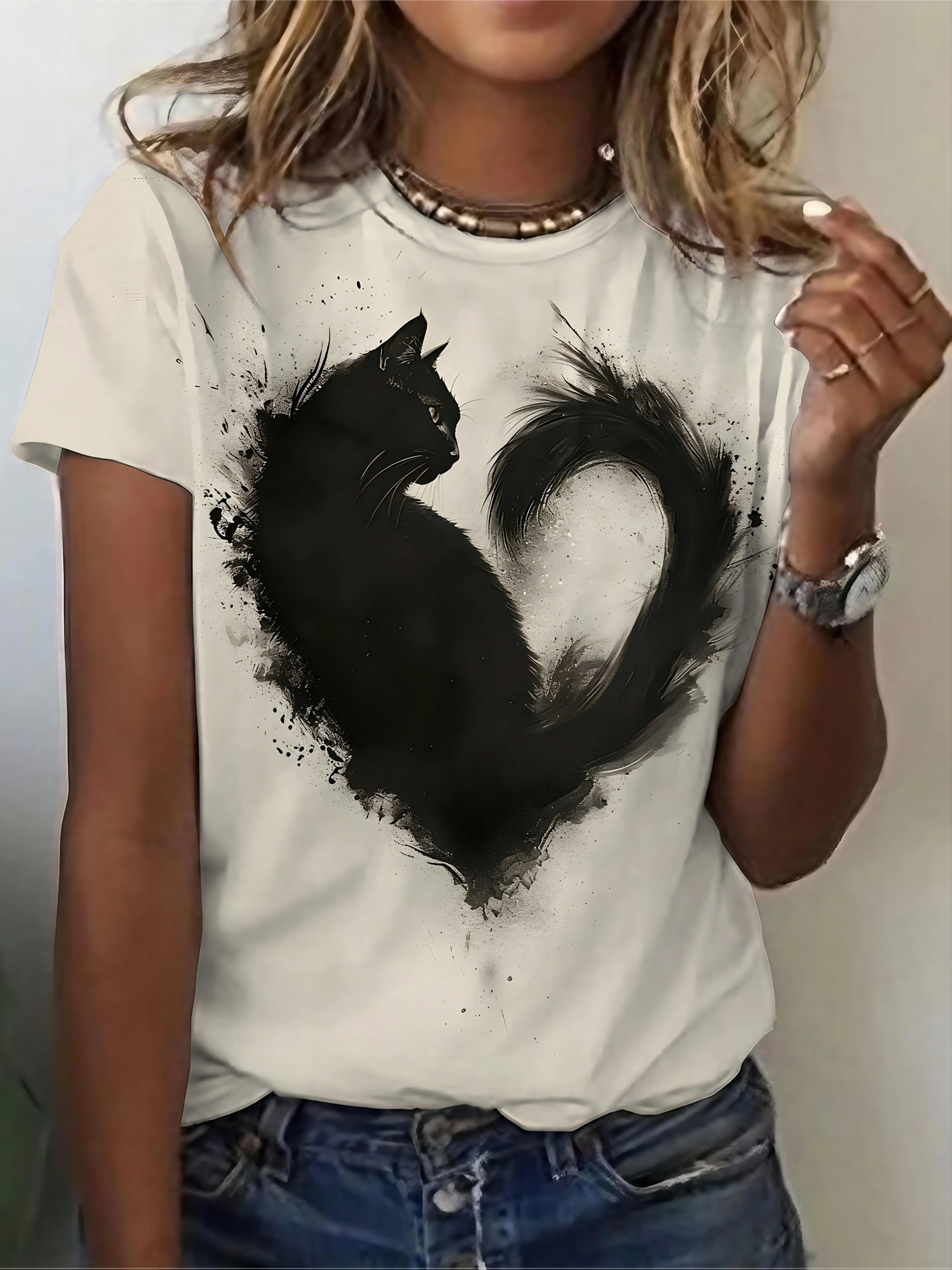 Women's T-shirt Ink Style Black Cat Heart Silhouette Print Short Sleeve Top Summer Casual Crew Neck Ladies Daily Clothes
