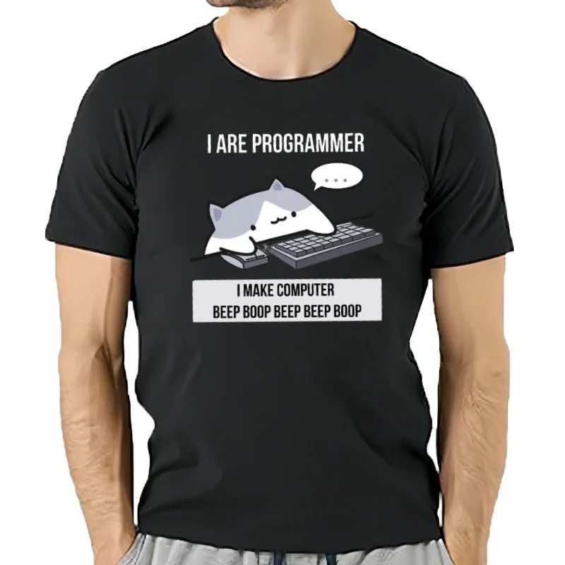 Camiseta con estampado de programador de gato para hombre, ropa informal holgada de calle, camisa de manga corta, nove
