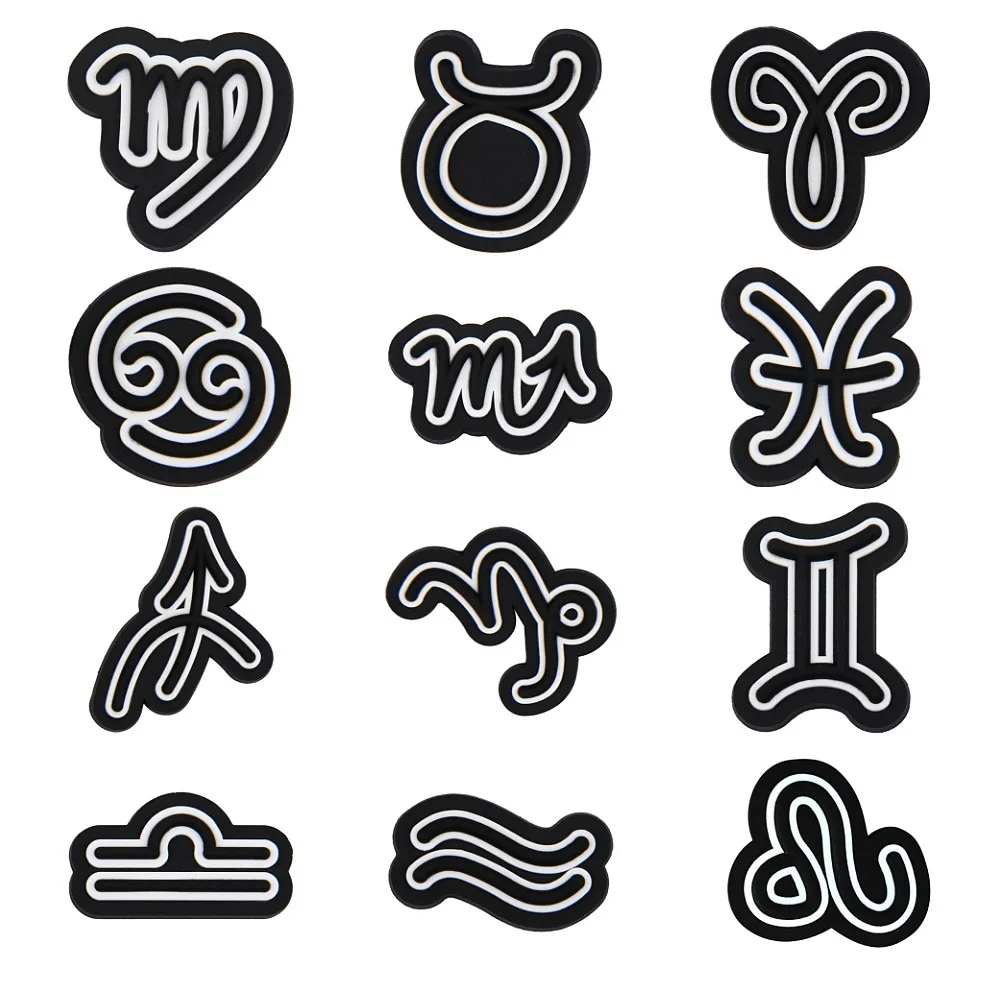 Black 12 Zodiac Sign Charms For Clogs PVC Shoe Decorations Accessories For Adult Kids Holiday Party Gifts