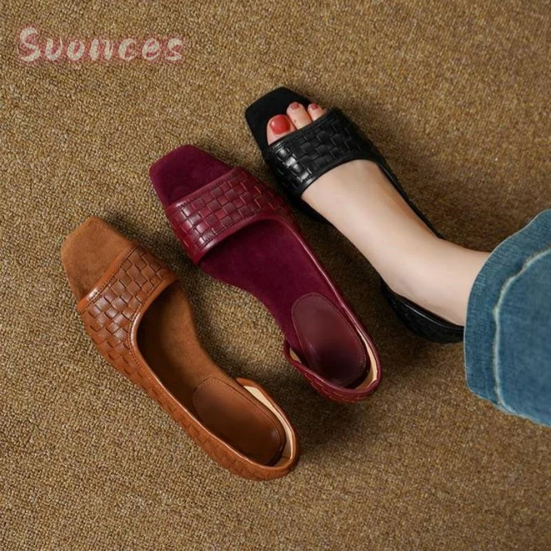 Slip On Open Toe Mule Sandals Full Hand Braided Leather Wide Single Band Square Toe Smooth Casual Outdoor Open Toe Footwear