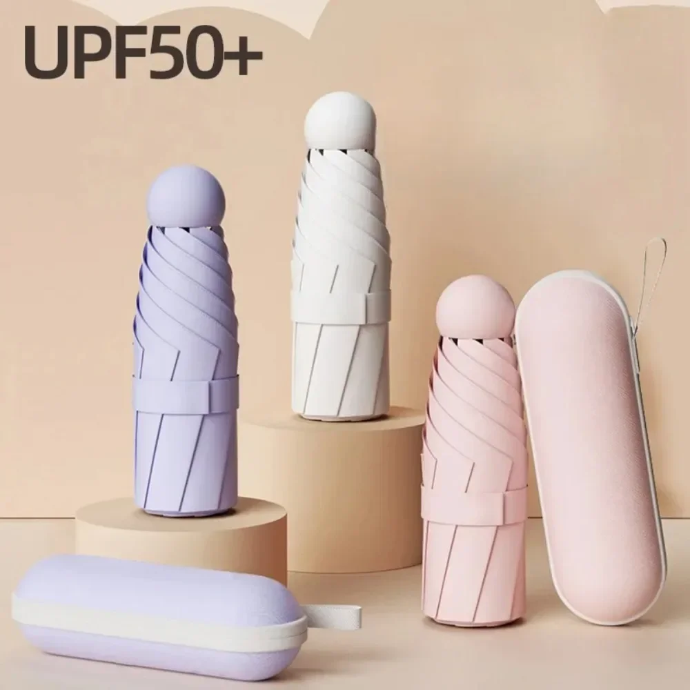 휴대용 캡슐 우산 미니 햇빛가리개 자외선 차단 비 우산, 블랙 고무 합금 손잡이 접이식 태양 비 이중 용도 