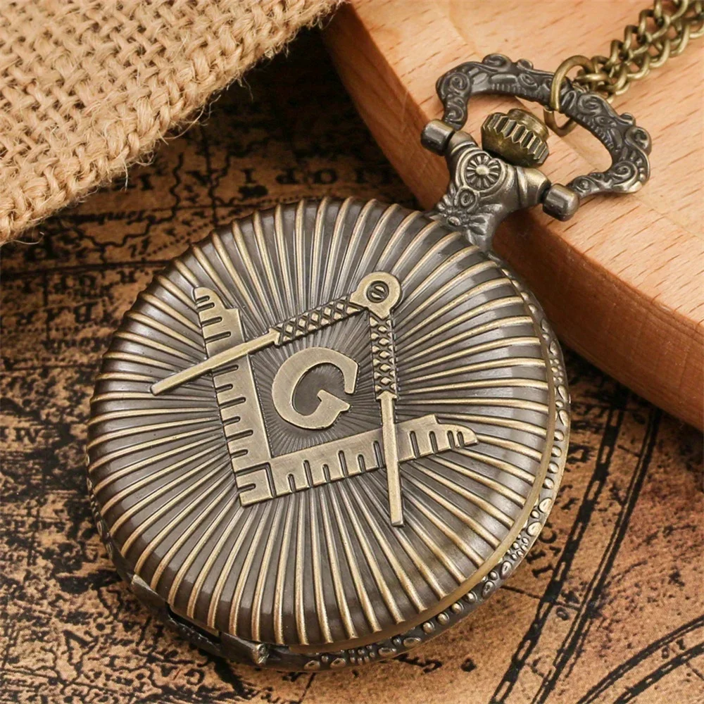 Masonic Freemasonry Pocket Watch Necklace - Chrome Square & Compass Pendant - Quartz - Best Gift for Men & Women