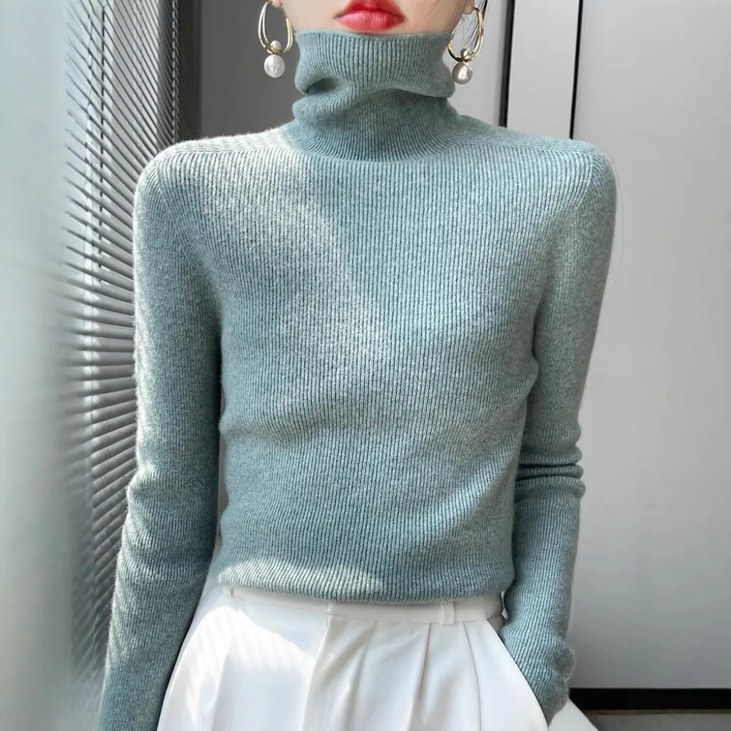 

Korean Style Women's Turtleneck Knitted Sweater Long-Sleeved Slim-Fit Base Shirt Stacking Collar Pullover for Autumn Winter