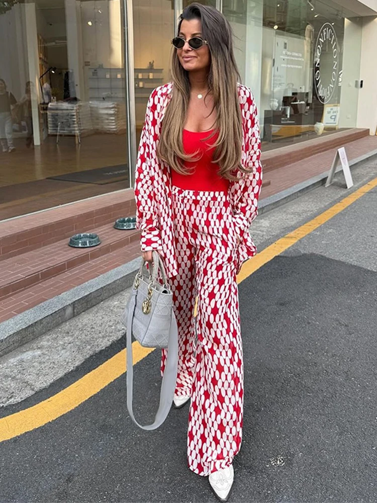 Camisa de lunares roja y blanca, conjunto de pantalones, camisas de gasa informales holgadas, blusa, pantalones de pierna ancha, ropa de protección solar para vacaciones y playa