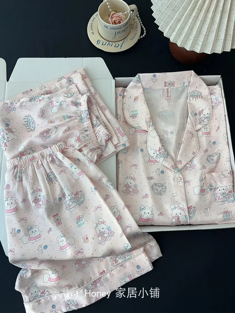 Japanese Summer Ice Silk Sweet and Cute Girls Short-sleeved Three-piece Pajamas Cartoon Pink Casual Comfortable Loungewear