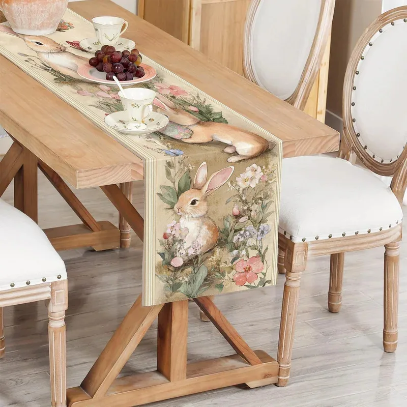 VIKAMA Retro Oil Painting Rabbit Table Flag Rural Style Home Dining Table Decoration Long Strip Cloth Cute Rabbit Table Flag