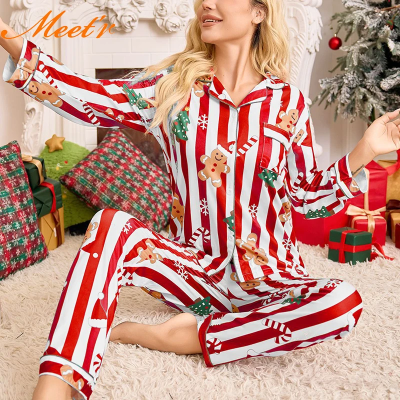 

Meet'r New Year Christmas Long Sleeved Long Pants Home Clothes Underwear Striped Print Pajamas Ladies' Comfortable Pajamas
