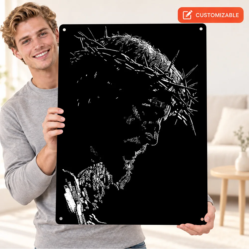 Jesus Christ With Crown Of Thorns Christian Printed Poster Personalized Aluminum Metal Sign Modern Wall Art For Bedroom Decor