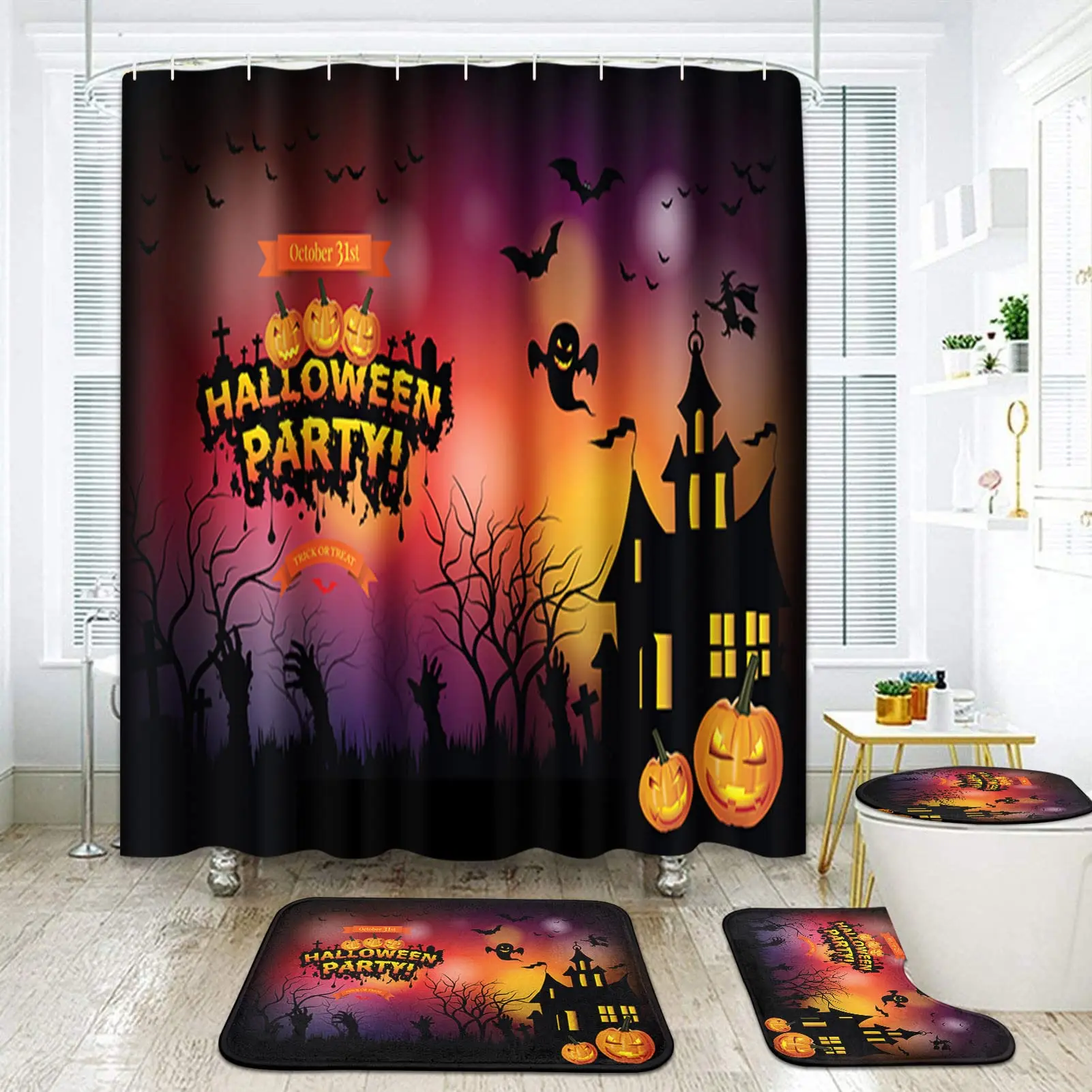 Halloween Night Bathroom Set with Shower Curtain and Rugs Pumpkins Trick or Treat Bath Curtain Witch Bat Bathroom Decor 4 Pcs