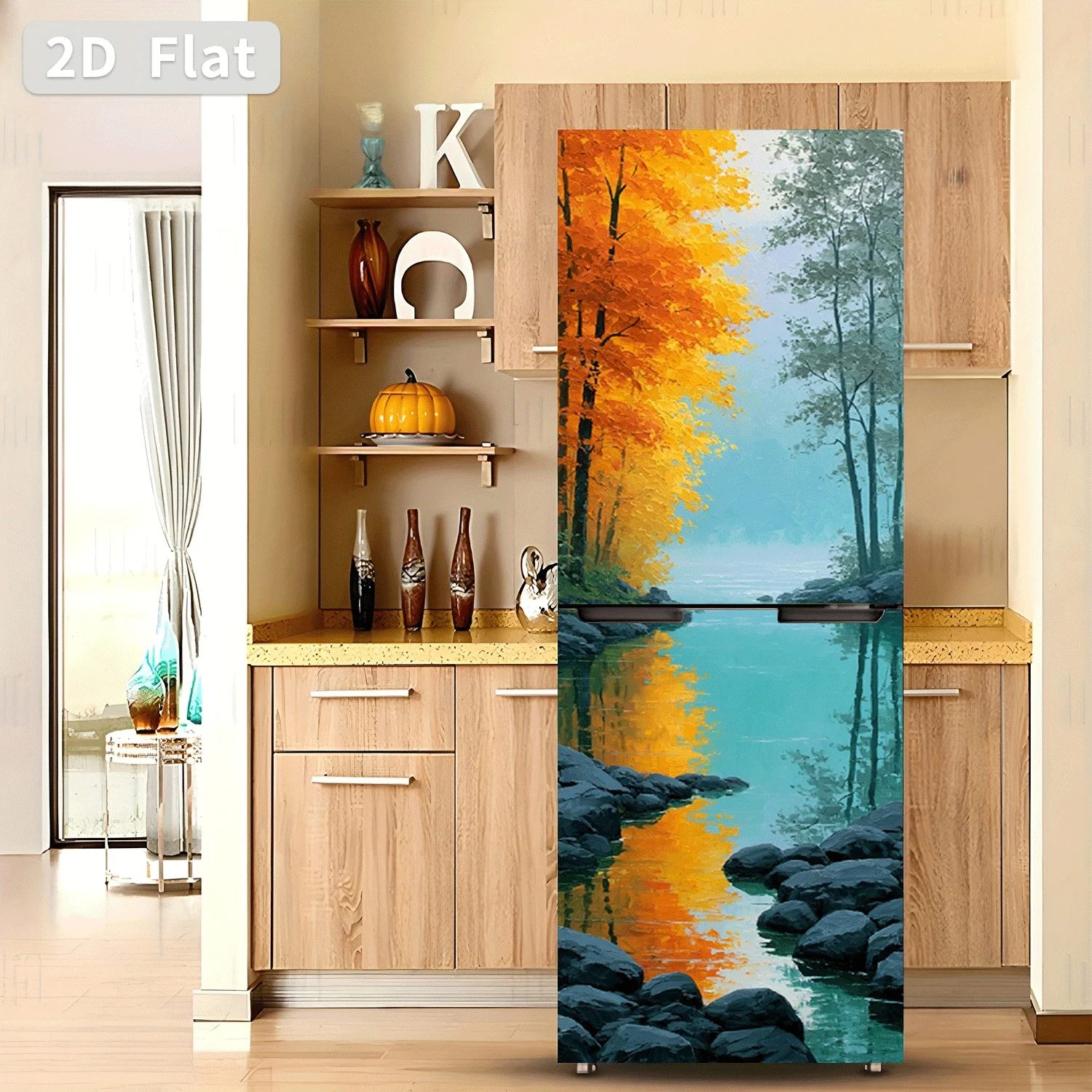 [2D Flat Printing] 1pc Fridge Magnet Sticker Autumn Forest Still Water Flowing Light Theme Design Wall Sticker Self-Adhesive S