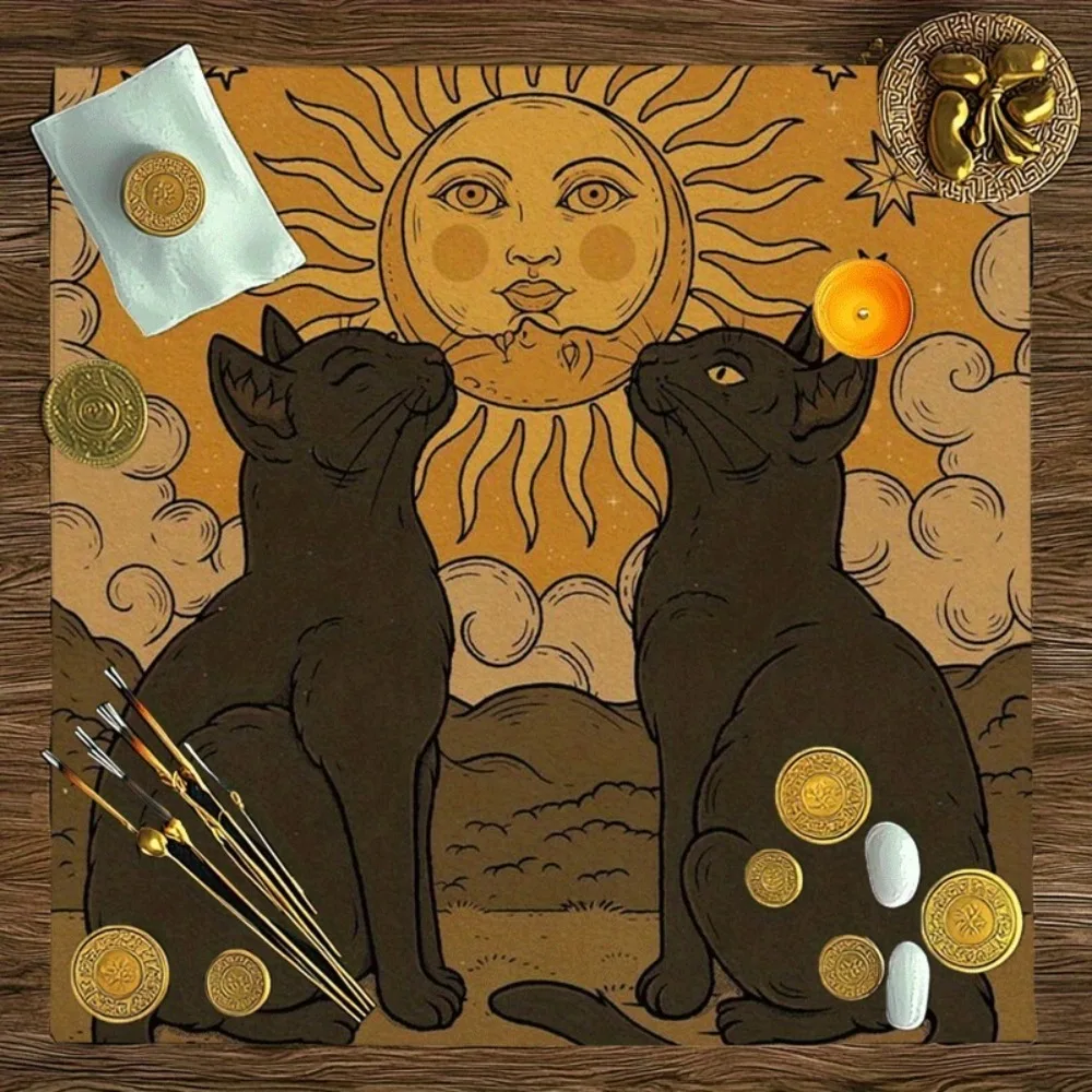 Tarot Altar Cloth Multiple Sizes Printed Mystic Black Cat Sun Pattern Polyester Divination Reading Fortune Game Magic Party