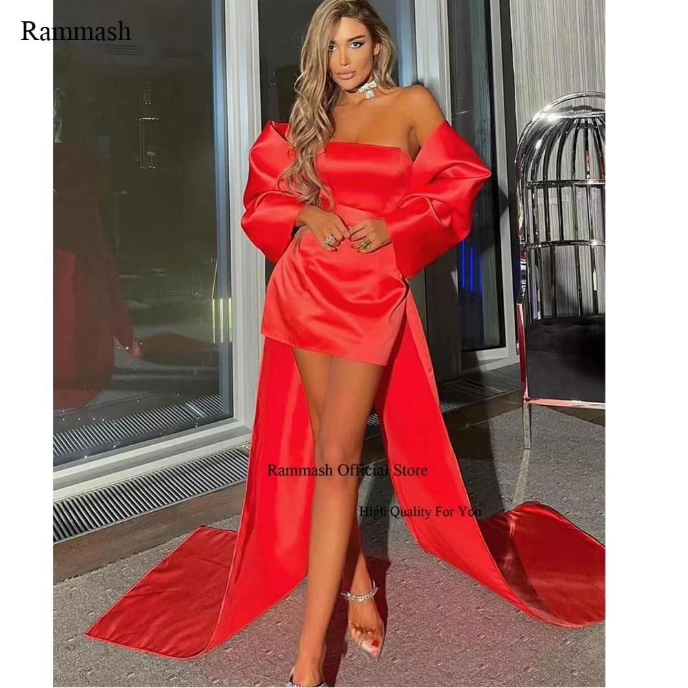 

RAMMASH Red Off Shoulder Satin Short Prom Dress A-line Short Sleeves Evening Gowns Mini 2024 Back Bow Cocktail Homecoming Dress