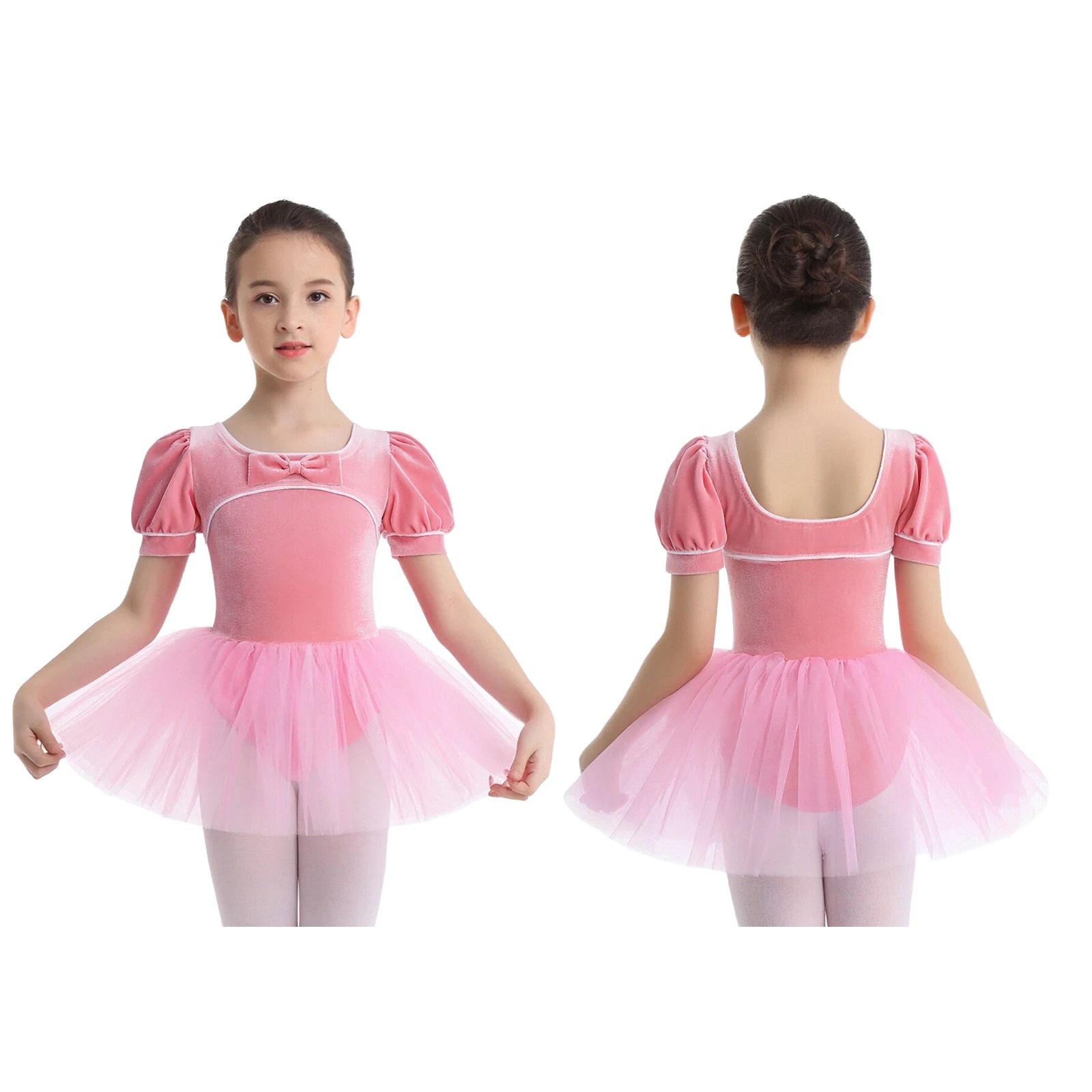 Vestidos de balé tutu de palco infantil, vestido fofo de princesa com mangas curtas bufantes, vestido de tule de veludo para prática de dança infantil, roupas de meninas