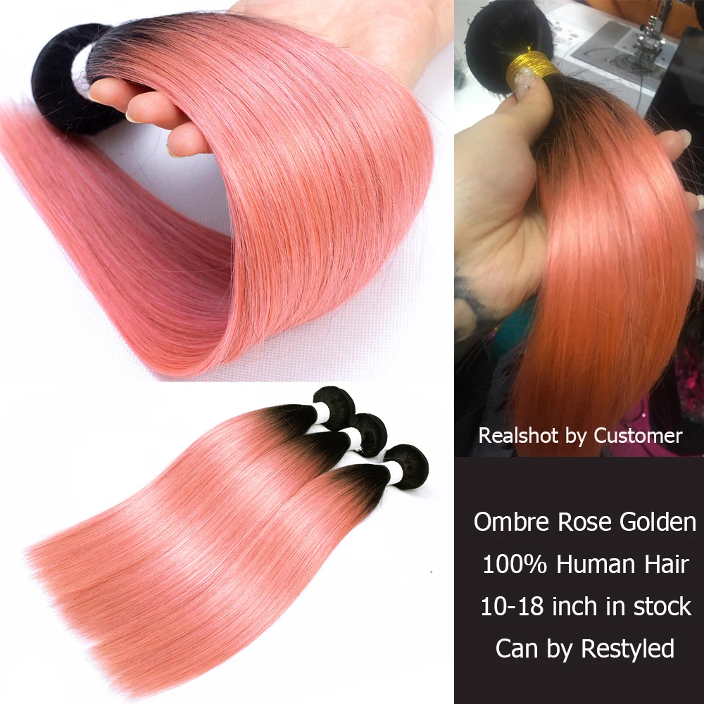 Straight Bundles With 4x4 Lace Closure Ombre Hot Pink Rose Golden Luxury Pre-Colored Remy Human Hair Extensions Mogul Hair