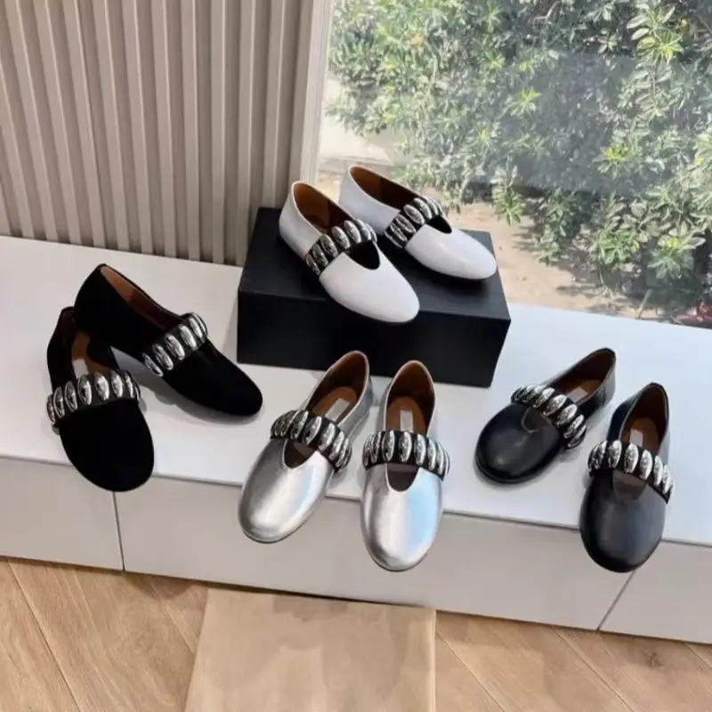 Cowhide Version Metal Buckle Mary Jane Single Shoe Somen's Summer Leather One Foot Elastic Strap Flat Ballet Shoes