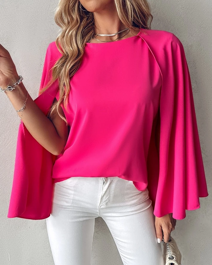 

Women Blouses Tops Elegant Work Shirt Casual 2024 Summer Fashion Solid Color Round Neck Cloak Long Sleeve Top Holiday Tunic Tops