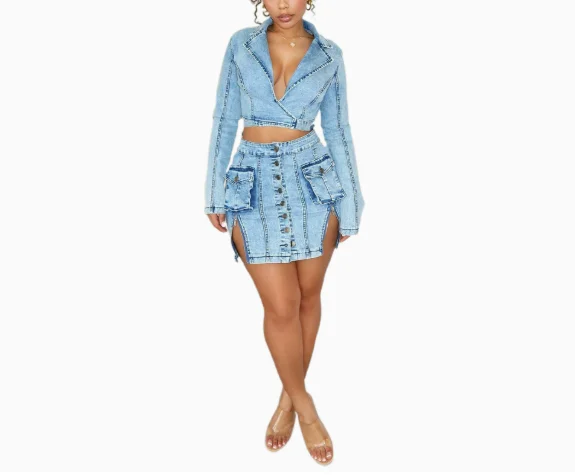 

European and American Sexy Fashion Trend Style Deep V-Neck Lace Up Button Hollow Out Fake Two-Piece Design Bag Hip Denim Dress