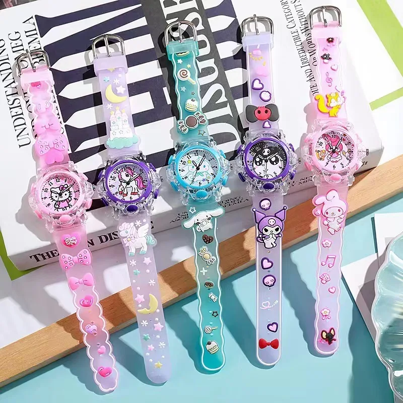 Sanrio Watch Kawaii Melody Cinnamoroll Children LED Luminous Watch Kuromi Hello Kitty Student Wrist Watch Kids Birthday Gift Toy