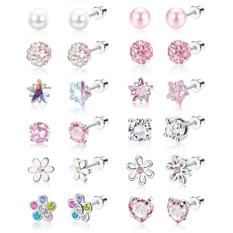

12 Pairs Hypoallergenic Pink Earrings Stud for Women Stainless Steel Cute Flower Heart Ball Screw Back Earrings Set