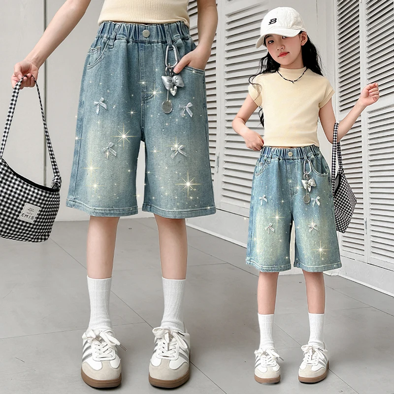 

New Fashion Kids Children Knee-Length Bowknot Denim Shorts with Rhinestones for Teenage Girls Loose Casual Capri Jeans with Bow