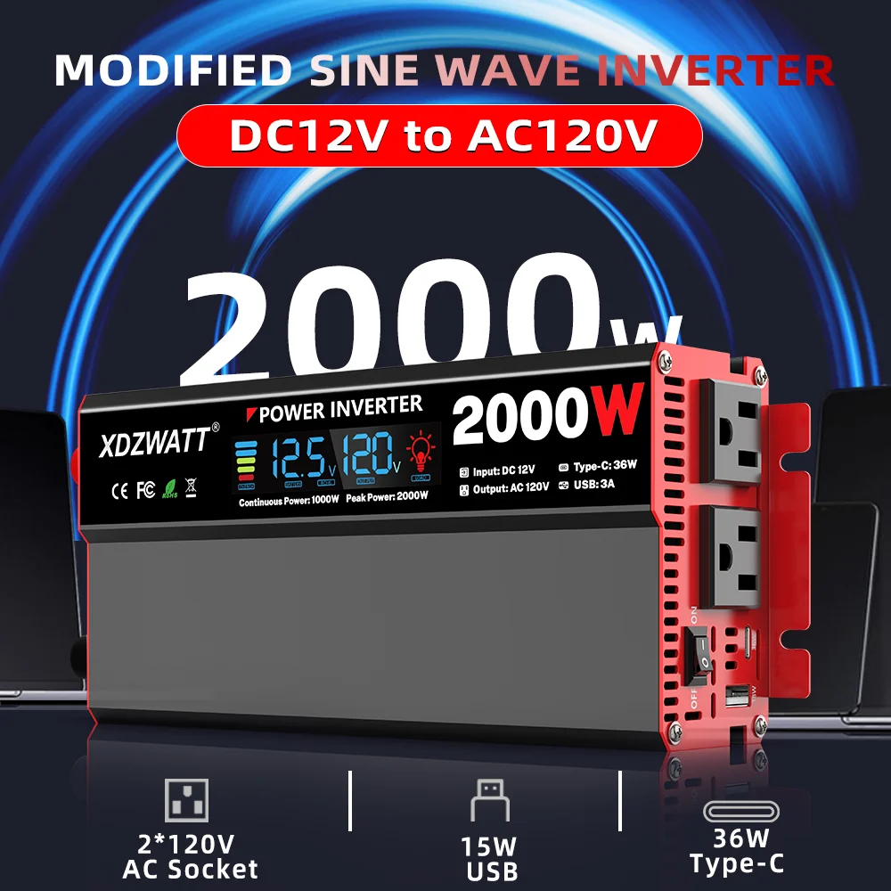 500W/800W Power Inverter 12V DC to 110V/120V 1500W/2000W Peak AC Car Converter for Vehicles LED Screen Display, 2 AC Outlets, 36W USB-C Charging Port, High Performance and Portable,Car Plug Adapter for Truck, Home, Camping, Laptop, Trip