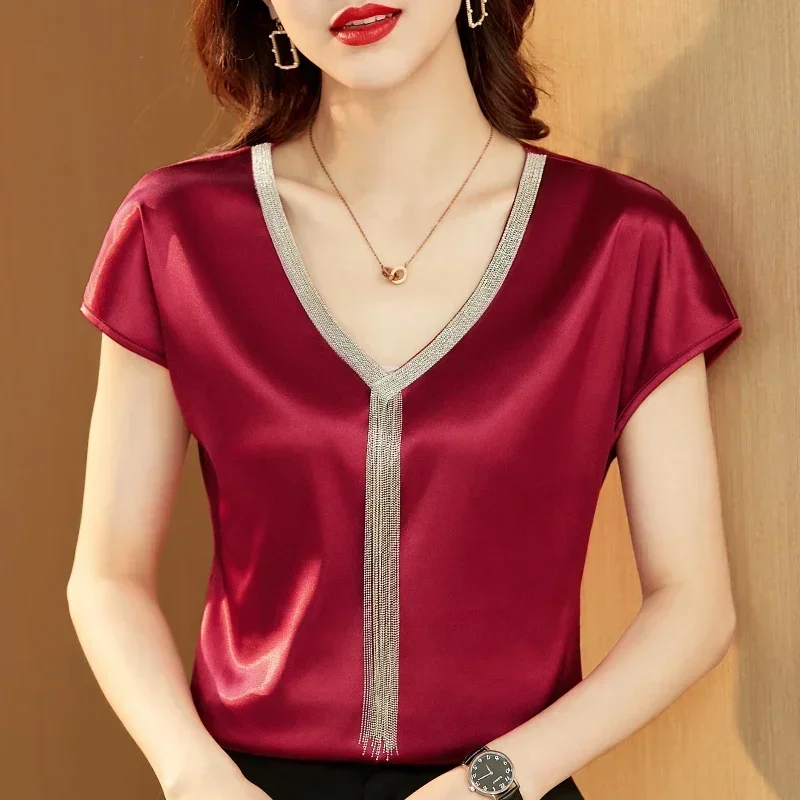 New Office Lady Casual Loose Woman Tops Satin Blouse Women Summer Short Sleeve Shirt Solid Fashion Tassel V-neck Clothes 15494