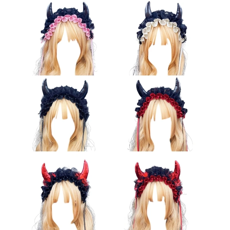 

Teen Devil Horn Headbands Woman Student Role Play Animes Character Gatherings Hairband Pleated Lace Hair Hoop