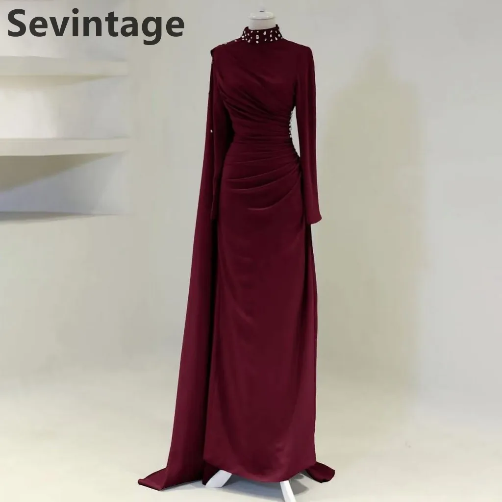 

Sevintage 2025 Mermaid Jersey Burgundy Long Sleeve Evening Dress Beaded High Neck Prom Dress Saudi Arabic Party Gown Customized