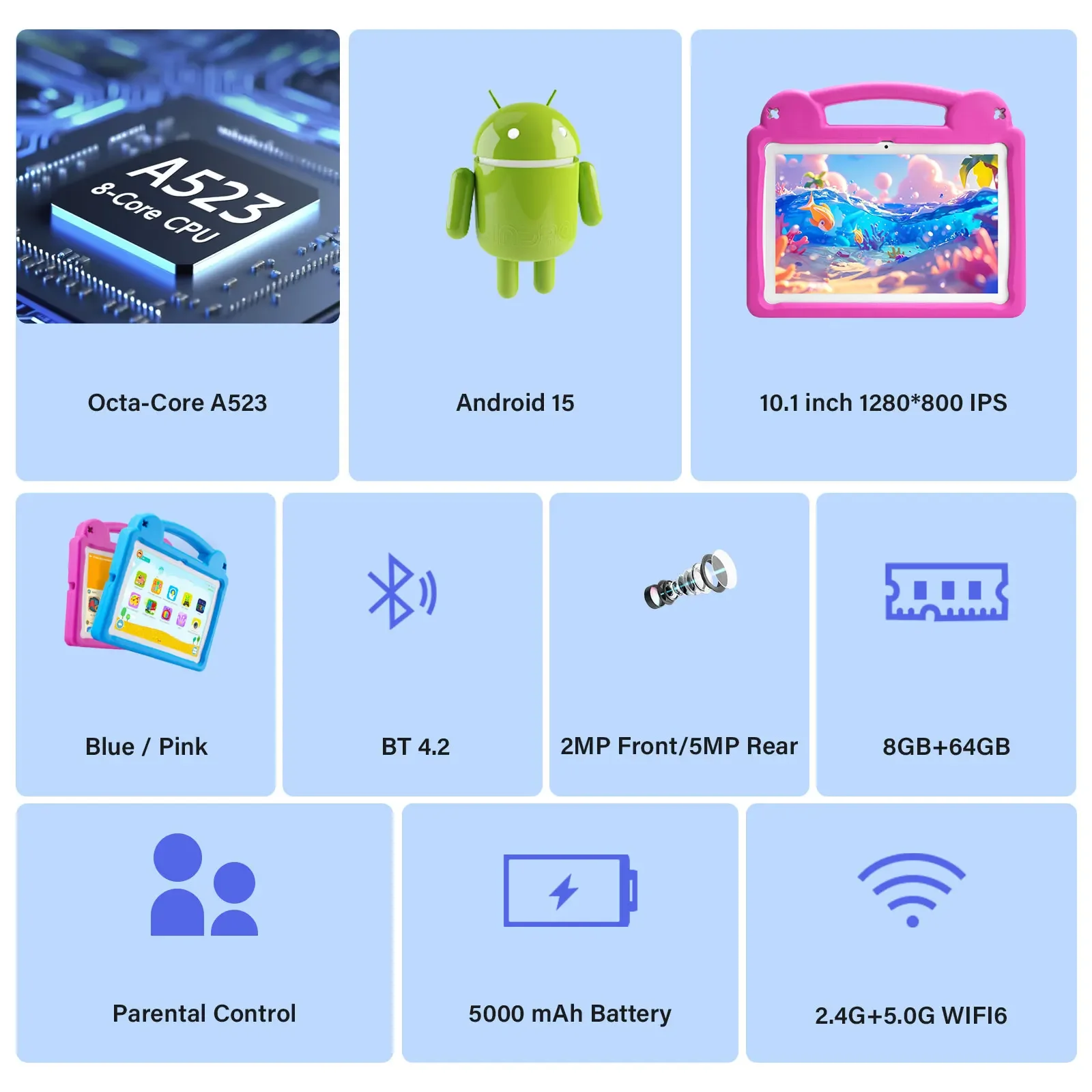 ANRY Tablet Android 15 de 10,1 polegadas para crianças, 8 GB de RAM 64 GB de ROM Tablet infantil, bateria de 5000 mAh Quad Core Tablets PC
