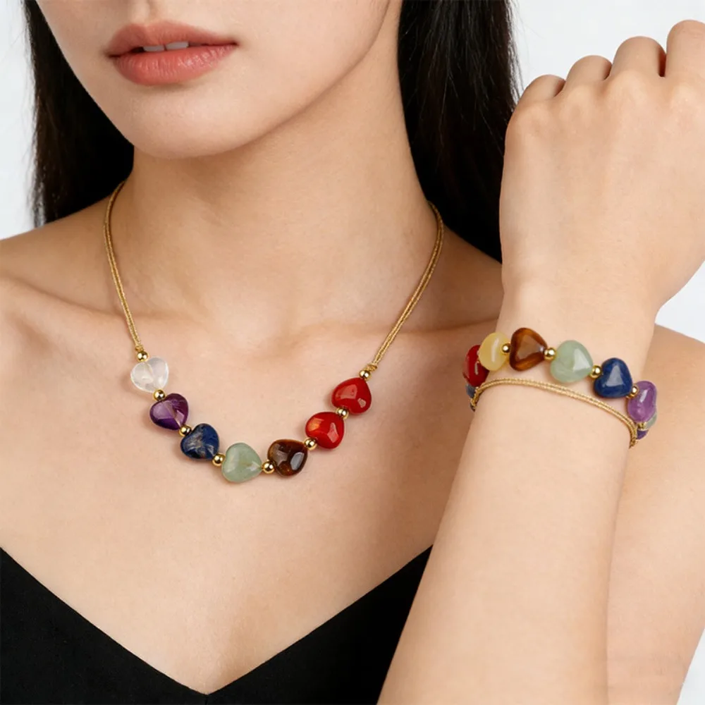 

7 Chakra Heart Shape Natural Stone Jewelry Set, Healing Crystal Necklace Bracelet for Women