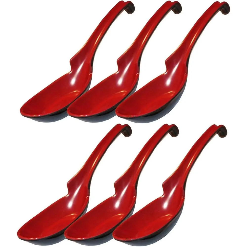 Happy Melamine Soba, cucharas de arroz, cuchara de sopa Won Ton, roja y negra, paquete de 6 estilo muesca y gancho