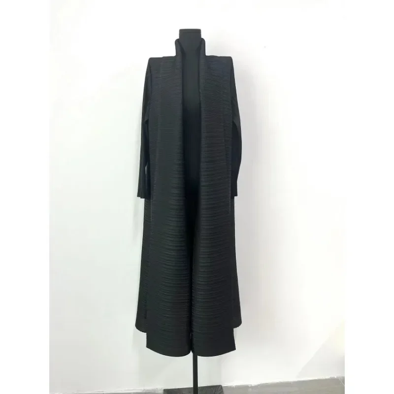 Miyake Pleated Black Gown Coat Cardigan Dress Chic Lapel Collar Ruched Maxi Skirt Women 2023 Fall Winter Streetwear