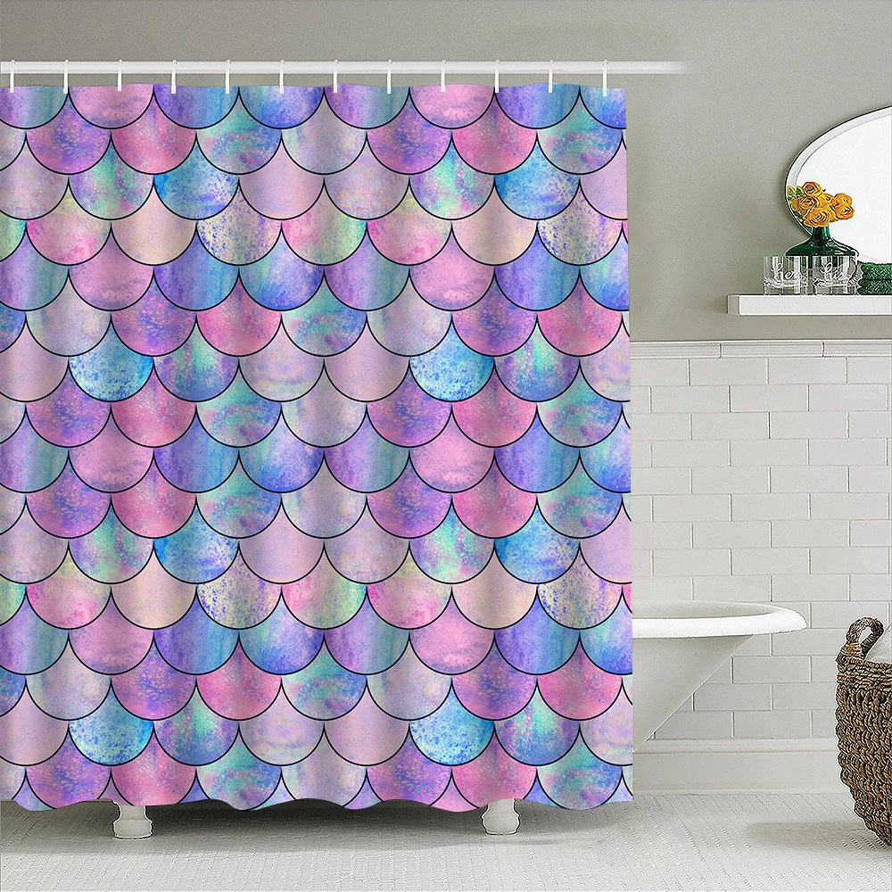 1pc Mermaid Scales Shower Curtain Bathroom Partition Decorative Curtain Machine Washable Colorful Print Window Privacy Curtain