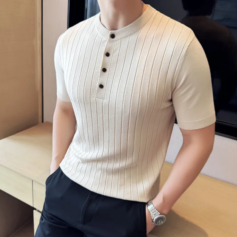 New Chinese Style Crew Neck Knitted Polo Shirt / 2024 Summer Men Ice Silk Breathable Striped Casual Short Sleeve T-Shirt 3XL-M