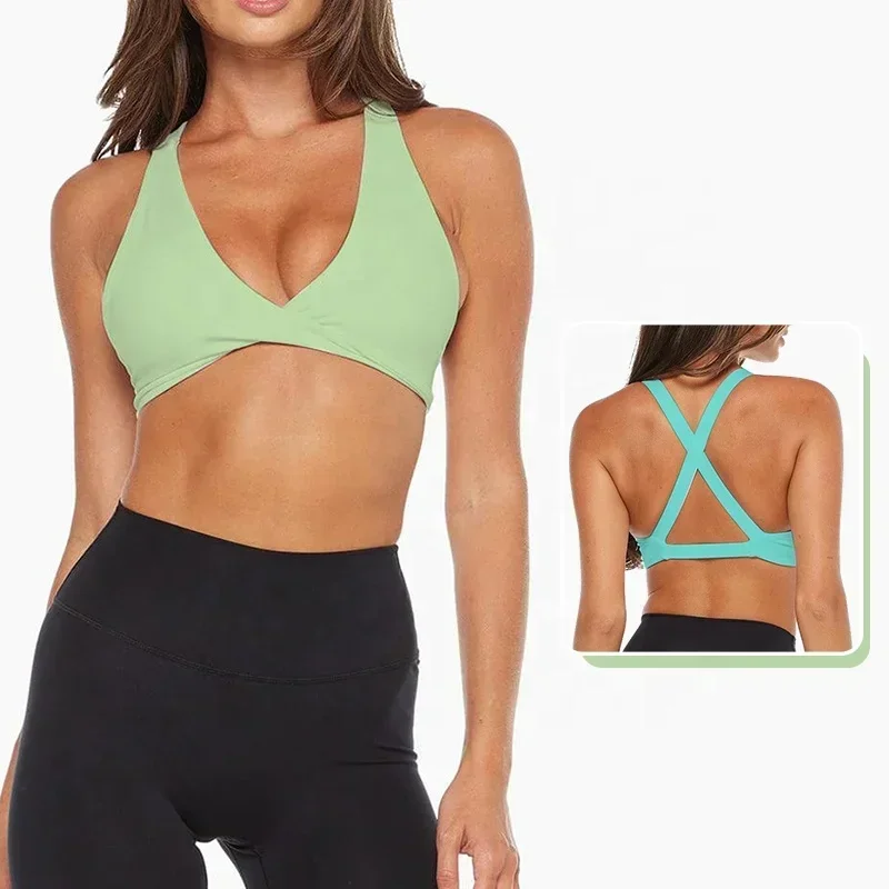 SHINBENE Twist High Cloud Front Strap Cross Back Yoga Exercise Fitness Bra Padded Fitness Women's Short Top