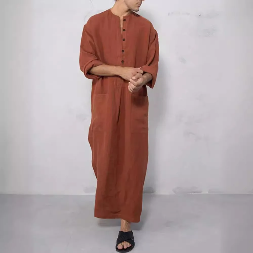 

Men's loose, comfortable, fashionable and versatile stand-up collar placket long-sleeve robe with ethnic style, Middle Eastern