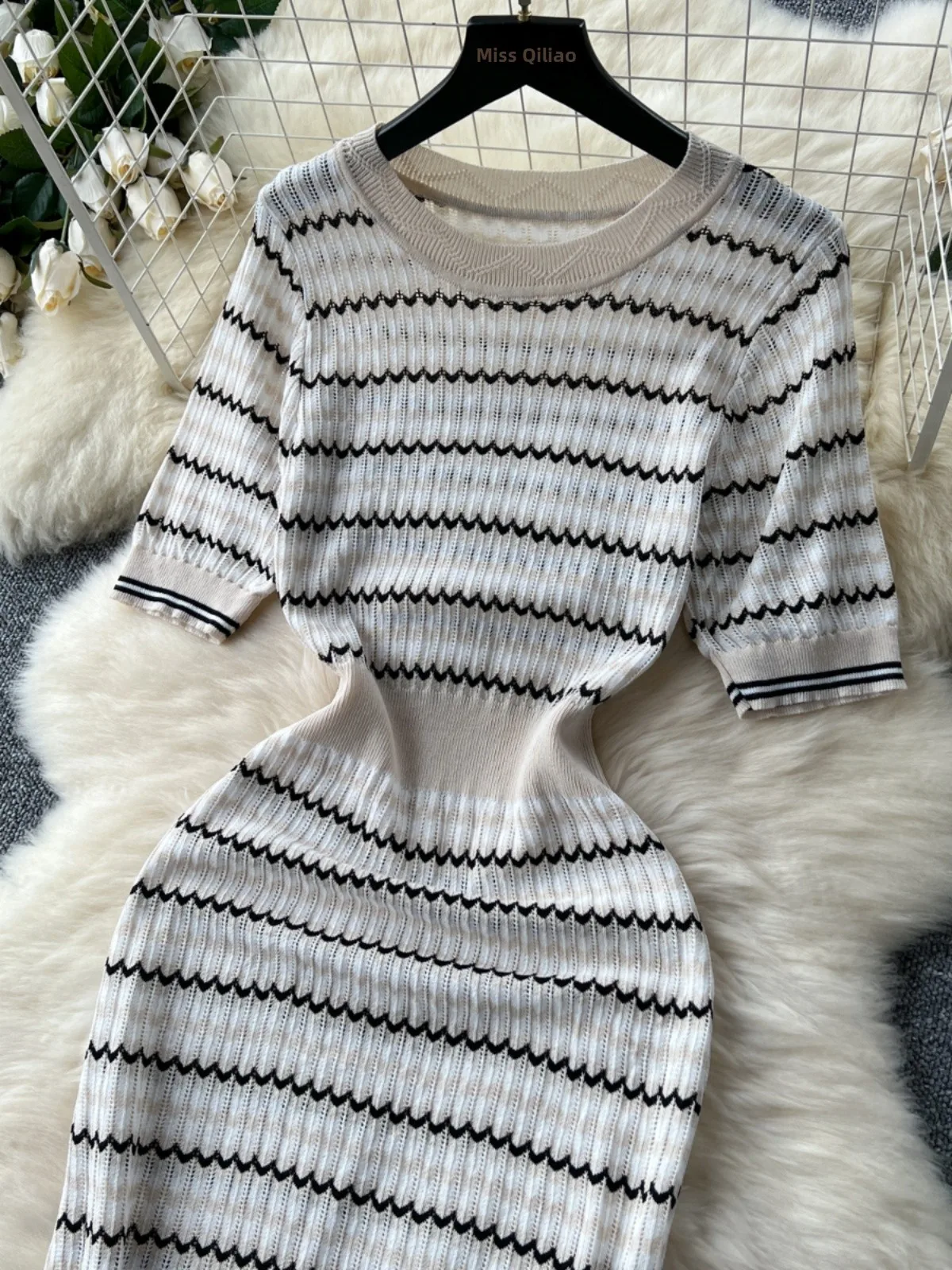 Summer New Vintage Color Blo Striped Knitted Dr Women's Slim Fit round Ne ort Sve Long Dr Korean Sle High Waist