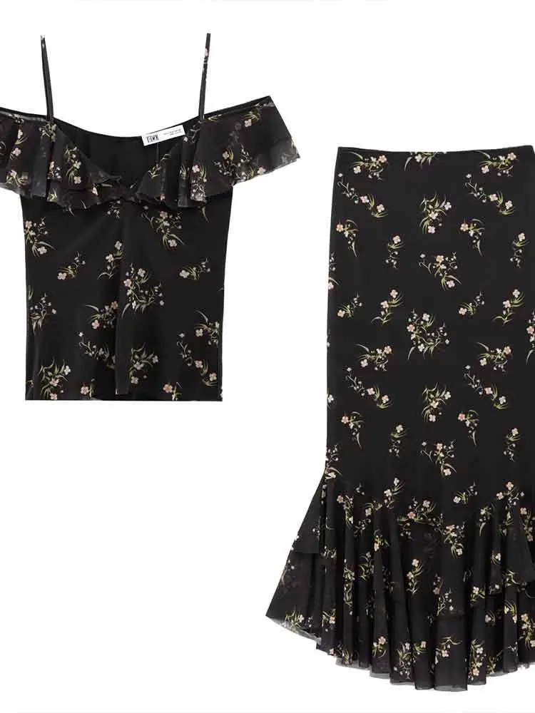 

European style new women's fashion versatile simple thin strap silk screen printed top high waist skirt suit