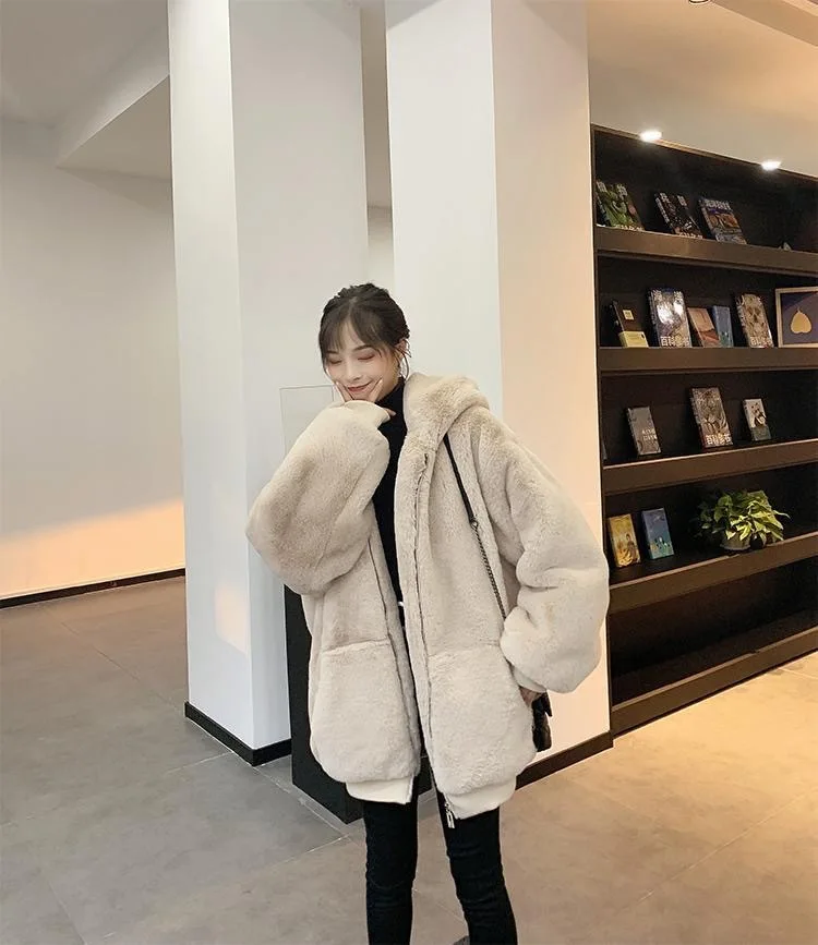 Women Faux Rabbit Fur Coats Solid Fur Jackets Pokcet Zipper Hooded Cotton Linen Long Sleeves Loose Fit Casual 2026 Autumn Winter