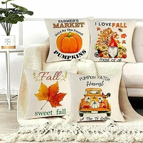 Sindax Set of 4 Fall Farmhouse Pumkins and Gnome Pillow Covers Pillowcases size 18x18 314 Cushion Cover DIY Customized Throw