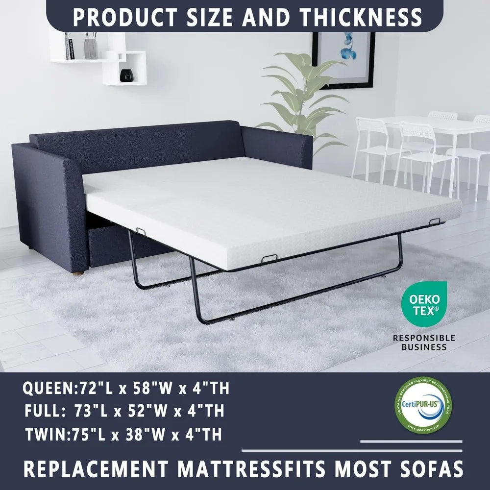 4 Inch Memory Foam Replacement Mattress for Sleeper Sofa and Couch Beds, Full Size, CertiPUR-US Certified, Washable Cover (Gener