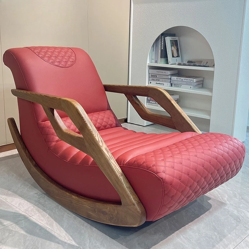 Solid wood frame rocking chair villa high-end leather lazy sofa balcony leisure recliner