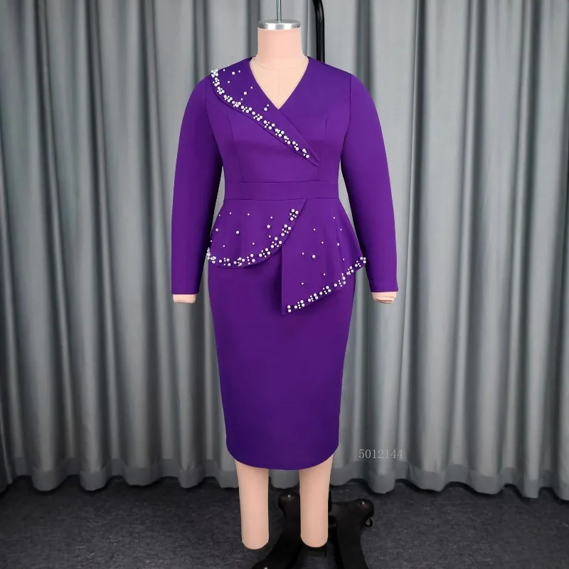 الأرجواني حجم كبير فساتين الأفريقية للنساء L-4XL الخريف أنيقة الأفريقية طويلة الأكمام الخامس الرقبة حفلة سهرة Bodycon فساتين متوسطة الطول #3