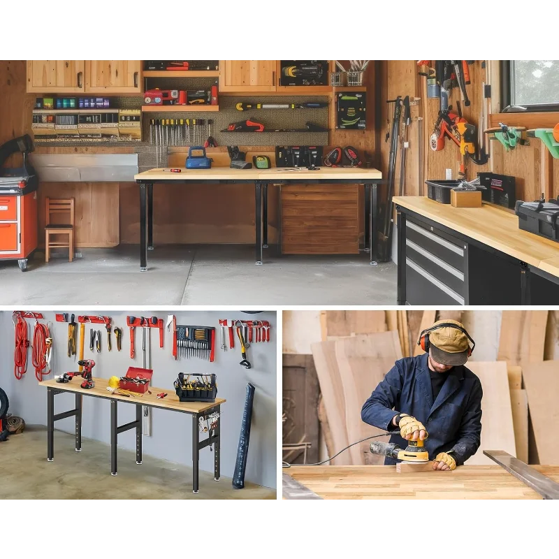 84” Adjustable Height Workbench, 5000 LBS Heavy Duty Table Rubber Wood Workstation with Power Outlet & Pegboard for Garage